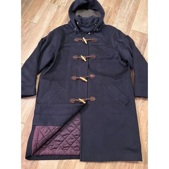 LL Bean Vintage Duffle Coat Womens Navy Blue Lambs Wool Hooded Lined Large - Picture 13 of 13